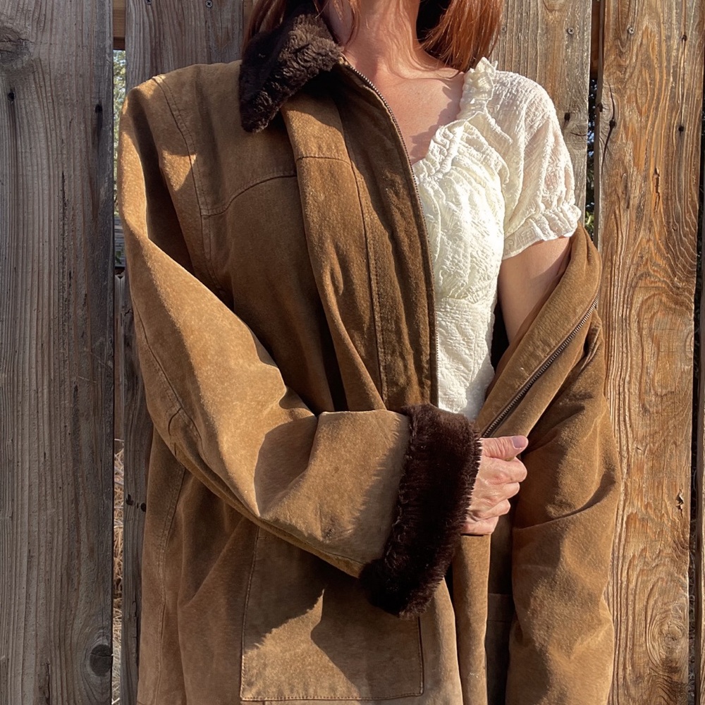 Vintage Oversized Brown Suede Coat with Faux Fur Trim, 100% Real Leather